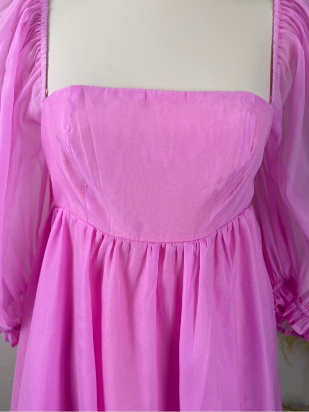 FORE Pink Puff Sleeve Mini Dress Women's Size Medium Square Neck Cottagecore - Picture 2 of 11